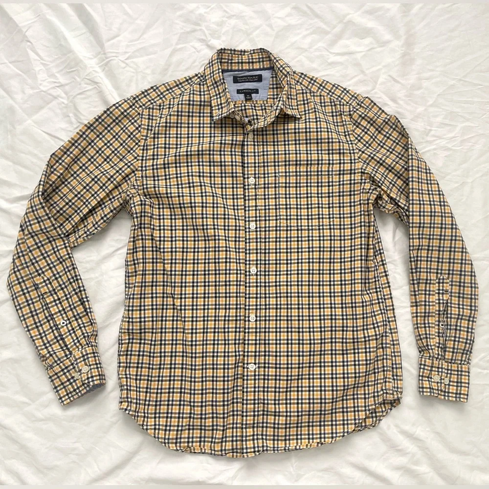 Banana Republic Mens Plaid Button Shirt | Camden Fit | Size M | Navy & Yellow